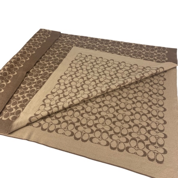 Coach Wool Blend Signature Logo Blanket Throw Wrap Large 39x57” Tan Brown Shawl - Picture 1 of 9